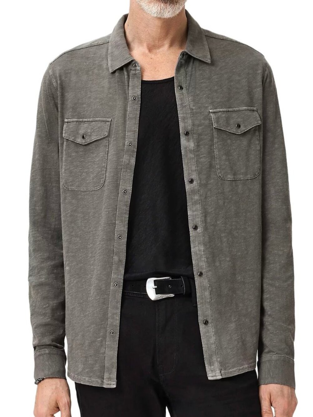 John Varvatos Men's Arvon Pigment Dyed LS Snap Front Western Shirt Seal Grey